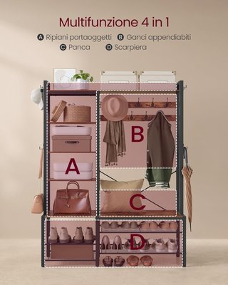 Porta abiti con Banco Scarpiera e 5 Ripiani Organizzatori, 9 Ganci, 6 Ganci Laterali, 40 x 120 x 190 cm, Marrone Vintage e Nero Tinta HSR426B01