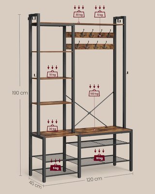 Porta abiti con Banco Scarpiera e 5 Ripiani Organizzatori, 9 Ganci, 6 Ganci Laterali, 40 x 120 x 190 cm, Marrone Vintage e Nero Tinta HSR426B01