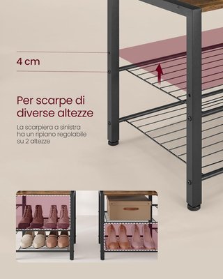 Porta abiti con Banco Scarpiera e 5 Ripiani Organizzatori, 9 Ganci, 6 Ganci Laterali, 40 x 120 x 190 cm, Marrone Vintage e Nero Tinta HSR426B01