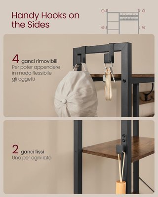 Porta abiti con Banco Scarpiera e 5 Ripiani Organizzatori, 9 Ganci, 6 Ganci Laterali, 40 x 120 x 190 cm, Marrone Vintage e Nero Tinta HSR426B01