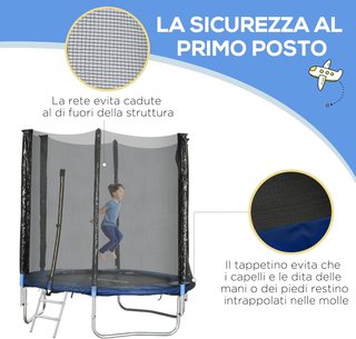 Trampolín Elástico Con Escalera Y Red De Seguridad, Tapete Elástico De Acero Y Plástico Con 3 Patas En U, Ø180X200 Cm, Azul