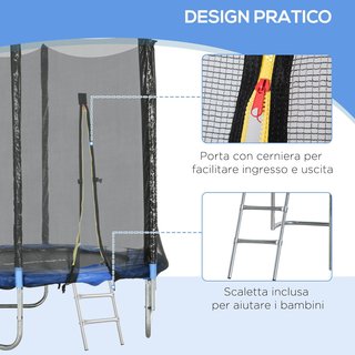Trampolín Elástico Con Escalera Y Red De Seguridad, Tapete Elástico De Acero Y Plástico Con 3 Patas En U, Ø180X200 Cm, Azul