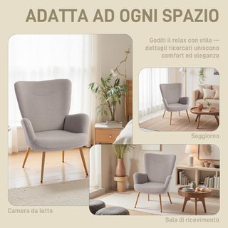 Poltrona moderna imbottita per soggiorno, poltrona per camera in tessuto Sherpa con schienale alto e braccioli, poltrona relax con struttura in acciaio per soggiorno, grigio chiaro