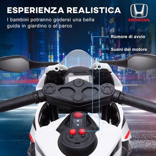 Moto Eléctrica para Niños Con Licencia HONDA, Moto Eléctrica para Niños Con Batería Recargable de 6V, Velocidad 3 Km/H, Música y Ruedecillas, Blanca