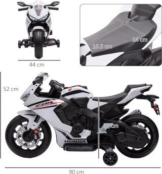 Moto Eléctrica para Niños Con Licencia HONDA, Moto Eléctrica para Niños Con Batería Recargable de 6V, Velocidad 3 Km/H, Música y Ruedecillas, Blanca