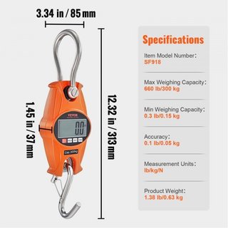 Báscula Digital de Grúa, 660 lbs/300 kg, Báscula Colgante Industrial de Alta Resistencia con Caja de Aluminio Fundido y Pantalla LCD, Grúa Mini Portátil con Ganchos para Granja, Caza, Pesca, Exter...