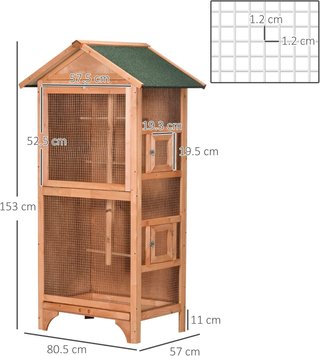 Jaula para Aves de Exterior en Madera de Abeto y Metal, Voladera para Aves con 3 Aberturas con Bloqueo, 4 Perchas y Bandeja Extraíble, 80.5X57X153 Cm, Naranja