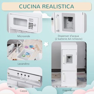 Cocina de Juguete para Niños de Madera con 14 Accesorios, Horno, Fregadero, Nevera y Microondas, Edad 3+ Años, 86X64X84.5Cm, Blanco y Plata