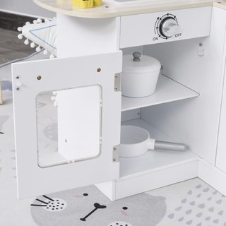 Cocina de Juguete para Niños de Madera con 14 Accesorios, Horno, Fregadero, Nevera y Microondas, Edad 3+ Años, 86X64X84.5Cm, Blanco y Plata