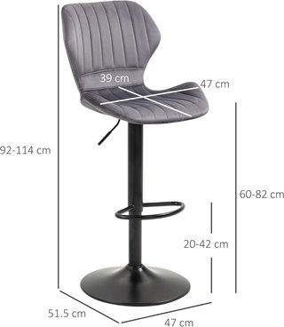 Set di 2 Sgabelli da Bar Alti Regolabili, Sgabelli da Cucina Alti con Sedile Ergonomico e Poggiapiedi in Effetto Velluto e Metallo, 47x51.5x92-114 cm, Grigio