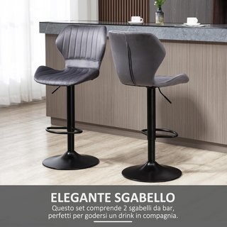 Set di 2 Sgabelli da Bar Alti Regolabili, Sgabelli da Cucina Alti con Sedile Ergonomico e Poggiapiedi in Effetto Velluto e Metallo, 47x51.5x92-114 cm, Grigio