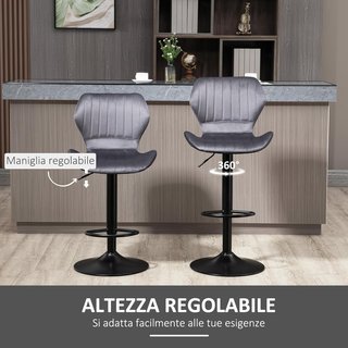 Set di 2 Sgabelli da Bar Alti Regolabili, Sgabelli da Cucina Alti con Sedile Ergonomico e Poggiapiedi in Effetto Velluto e Metallo, 47x51.5x92-114 cm, Grigio