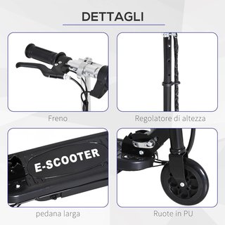 Patinete Eléctrico Plegable para Niños de 120W, Velocidad Máx 12Km/H y Capacidad 50Kg, 74X36X69-91 Cm, Negro