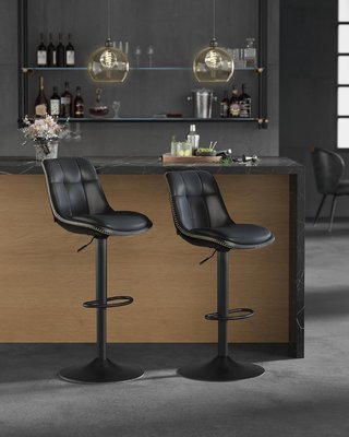 Set di 2 Sgabelli da Bar, Sedie Girevoli Regolabili in Altezza, Imbottitura in PU, Sedie da Cucina con Schienale e Poggiapiedi, Sala da Pranzo, Barra, Acciaio, Nero Tinta LJB095B01