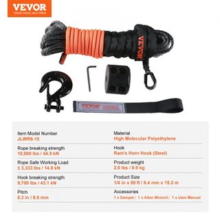 Cuerda de Winch Sintética, 6.35 mm x 15.24 m 4,536 kg Cuerda de Línea de Winch Sintética con Manga Protectora + Tope + Gancho de Winch Forjado + Correa de Tirón, Adecuada para ATV, UTV, Vehículo P...