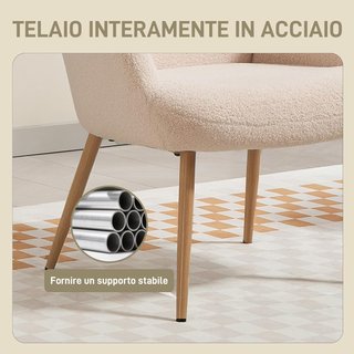Poltrona moderna imbottita per soggiorno, poltrona per camera in tessuto Sherpa con schienale alto e braccioli, poltrona relax con struttura in acciaio per soggiorno, beige