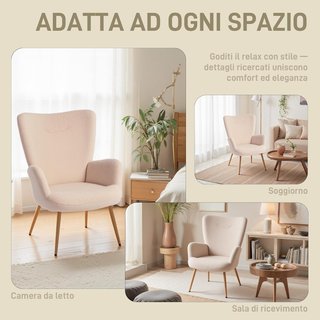 Poltrona moderna imbottita per soggiorno, poltrona per camera in tessuto Sherpa con schienale alto e braccioli, poltrona relax con struttura in acciaio per soggiorno, beige