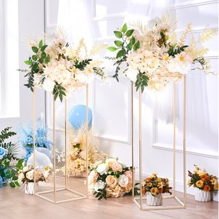 2PCS Soporte de Flores de Boda Alto de 31.5 pulgadas/80 cm, Columnas de Jarrón de Metal, Soportes Geométricos para Centro de Mesa, Rack de Exhibición Floral Rectangular Dorado para Eventos en T-St...