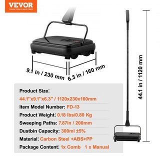 Barredora de Alfombra, Rutas de Barrido de 20 cm, Barredora de Piso Manual No Eléctrica, Capacidad del Cubo de 300 ml con Peine para Alfombras de Oficina en Casa, Superficies de Madera, Pisos Lami...