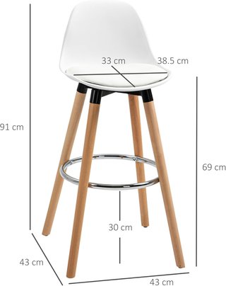 Set di 2 Sgabelli da Bar Stile Nordico con Schienale, Coppia di Sgabelli Alti con Cuscino e Poggiapiedi, in Legno e Plastica, Bianco