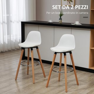 Set di 2 Sgabelli da Bar Stile Nordico con Schienale, Coppia di Sgabelli Alti con Cuscino e Poggiapiedi, in Legno e Plastica, Bianco