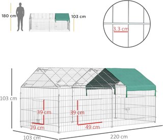 Recinto per Animali con Tetto Coperto, Recinzione in Acciaio con Porte per Galline e Conigli, 220X103X103Cm