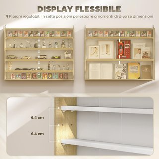 Vitrina Expositiva De Pared con 4 Estantes Regulables, Vitrina para Coleccionismo, Exhibidor de Pared para Objetos de Colección, en Vidrio y Aglomerado, 80X9.5X60 Cm, Blanco y Color Madera