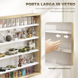 Vitrina Expositiva De Pared con 4 Estantes Regulables, Vitrina para Coleccionismo, Exhibidor de Pared para Objetos de Colección, en Vidrio y Aglomerado, 80X9.5X60 Cm, Blanco y Color Madera