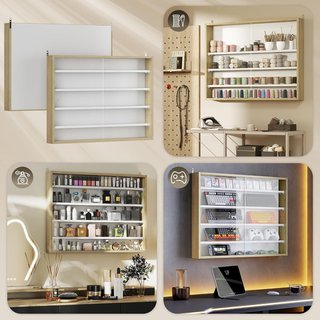Vitrina Expositiva De Pared con 4 Estantes Regulables, Vitrina para Coleccionismo, Exhibidor de Pared para Objetos de Colección, en Vidrio y Aglomerado, 80X9.5X60 Cm, Blanco y Color Madera