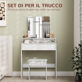 Stazione di trucco con sgabello, tavolo da trucco con specchio, 3 ripiani, 2 cassetti, toeletta moderna in legno per camera da letto, 75X38X135 cm, bianco