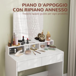 Stazione di trucco con sgabello, tavolo da trucco con specchio, 3 ripiani, 2 cassetti, toeletta moderna in legno per camera da letto, 75X38X135 cm, bianco