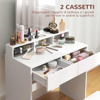 Stazione di trucco con sgabello, tavolo da trucco con specchio, 3 ripiani, 2 cassetti, toeletta moderna in legno per camera da letto, 75X38X135 cm, bianco