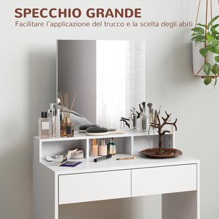 Stazione di trucco con sgabello, tavolo da trucco con specchio, 3 ripiani, 2 cassetti, toeletta moderna in legno per camera da letto, 75X38X135 cm, bianco