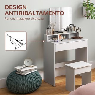 Stazione di trucco con sgabello, tavolo da trucco con specchio, 3 ripiani, 2 cassetti, toeletta moderna in legno per camera da letto, 75X38X135 cm, bianco