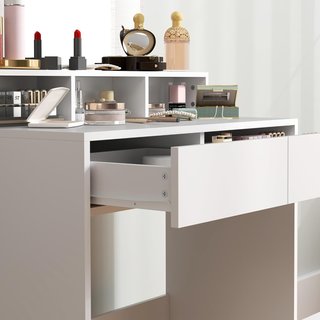 Stazione di trucco con sgabello, tavolo da trucco con specchio, 3 ripiani, 2 cassetti, toeletta moderna in legno per camera da letto, 75X38X135 cm, bianco