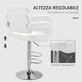 Sgabello Alto da Bar con Schienale e Braccioli, Sgabello da Cucina Moderno Girevole con Altezza Regolabile e Poggiapiedi, in Pelle Sintetica, 61X50X93-113Cm, Bianco