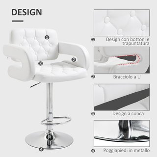 Sgabello Alto da Bar con Schienale e Braccioli, Sgabello da Cucina Moderno Girevole con Altezza Regolabile e Poggiapiedi, in Pelle Sintetica, 61X50X93-113Cm, Bianco