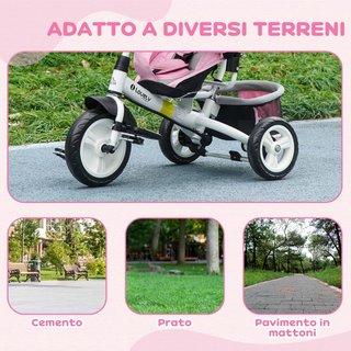 6 en 1 Triciclo para Niños de 1 a 5 Años con Manillar, Toldo Ajustable, Cinturón y Cesta, Paseo Triciclo de Metal y Poliéster, 102X49X102 Cm, Blanco y Rosa