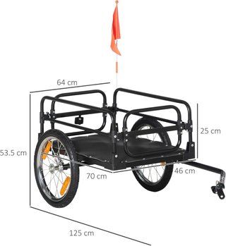Rimorchio per bicicletta da 70 litri con 2 ruote da 40 cm, 2 riflettori e bandiera, carrello per biciclette in acciaio e PE, capacità di carico 40 kg, 125 x 64 x 53,5 cm, nero
