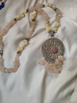Collana indiana pietre dure rosa e argento