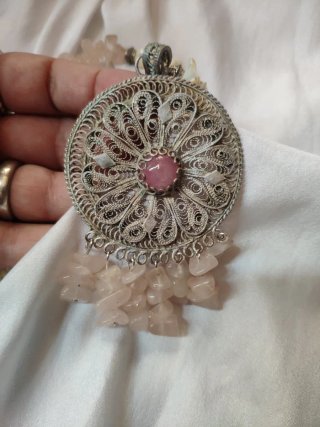 Collana indiana pietre dure rosa e argento
