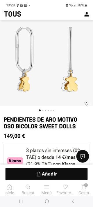 Pendientes Aro TOUS Sweet Dolls Oso Dorado/Plata