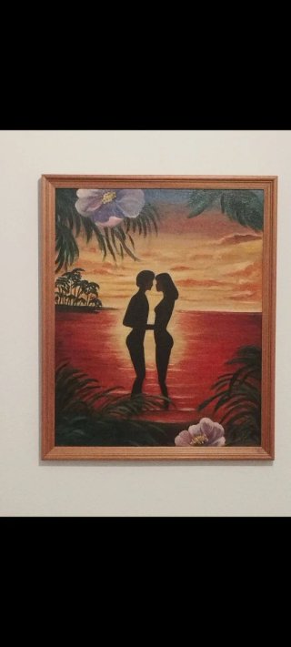 Cuadro pintado a mano pareja atardecer