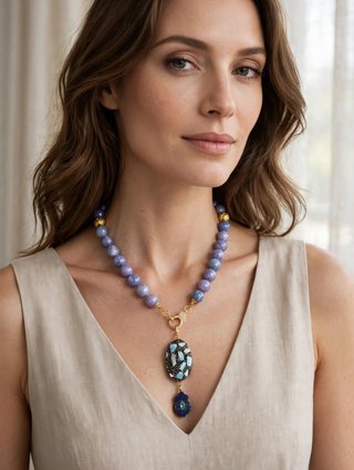 Collana: calcite blu, lapislazzuli, larimar, lava