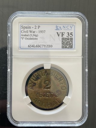 Moneda España 2 Pesetas Guerra Civil 1937. Arahal