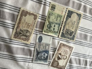 Billetes antiguos españoles 100, 500 y 1000 peseta