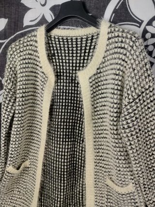 Cardigan in  Maglia Aperto Bianco Panna e Nero