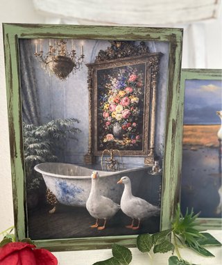Lote cuadros verdes patos en bañera y silla vintag