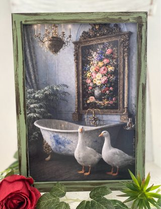 Lote cuadros verdes patos en bañera y silla vintag