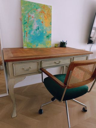 Silla de oficina madera, ratán y terciopelo verde